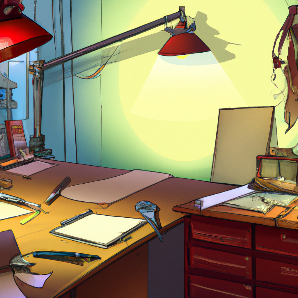 Estudio de cómic con storyboards, tinta, pinceles, luz cálida y mesa de trabajo creativa